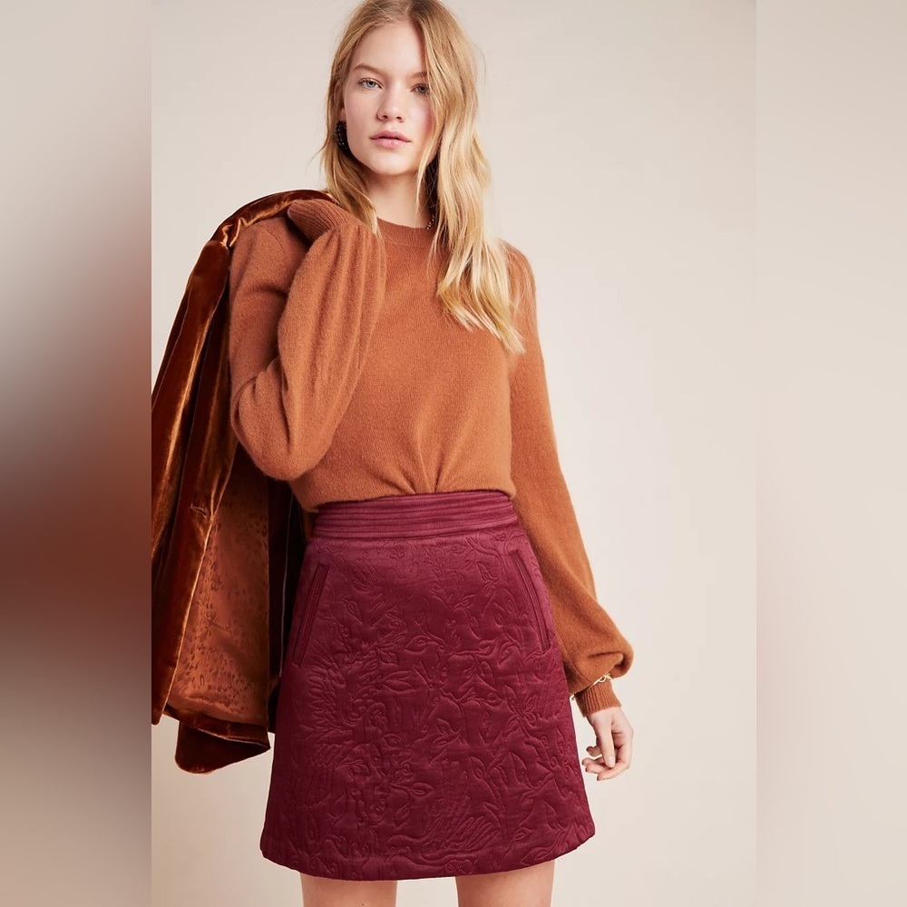 Anthropologie Maeve Burgundy Red Floral Textured Beatrice Quilted Mini Skirt - Picture 2 of 13